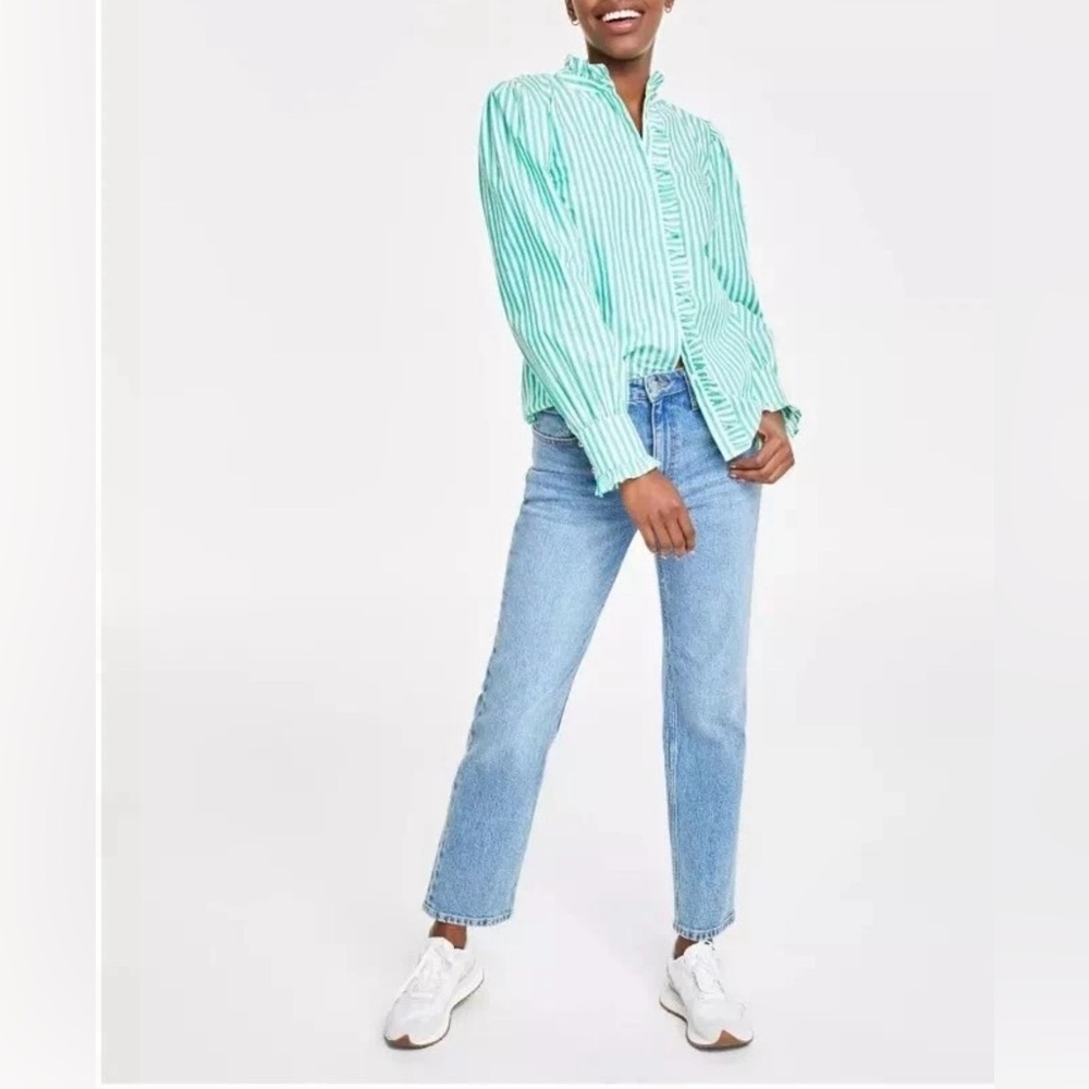 ON 34TH Women's Ruffle-collar Stripe Shirt - Picture 1 of 11